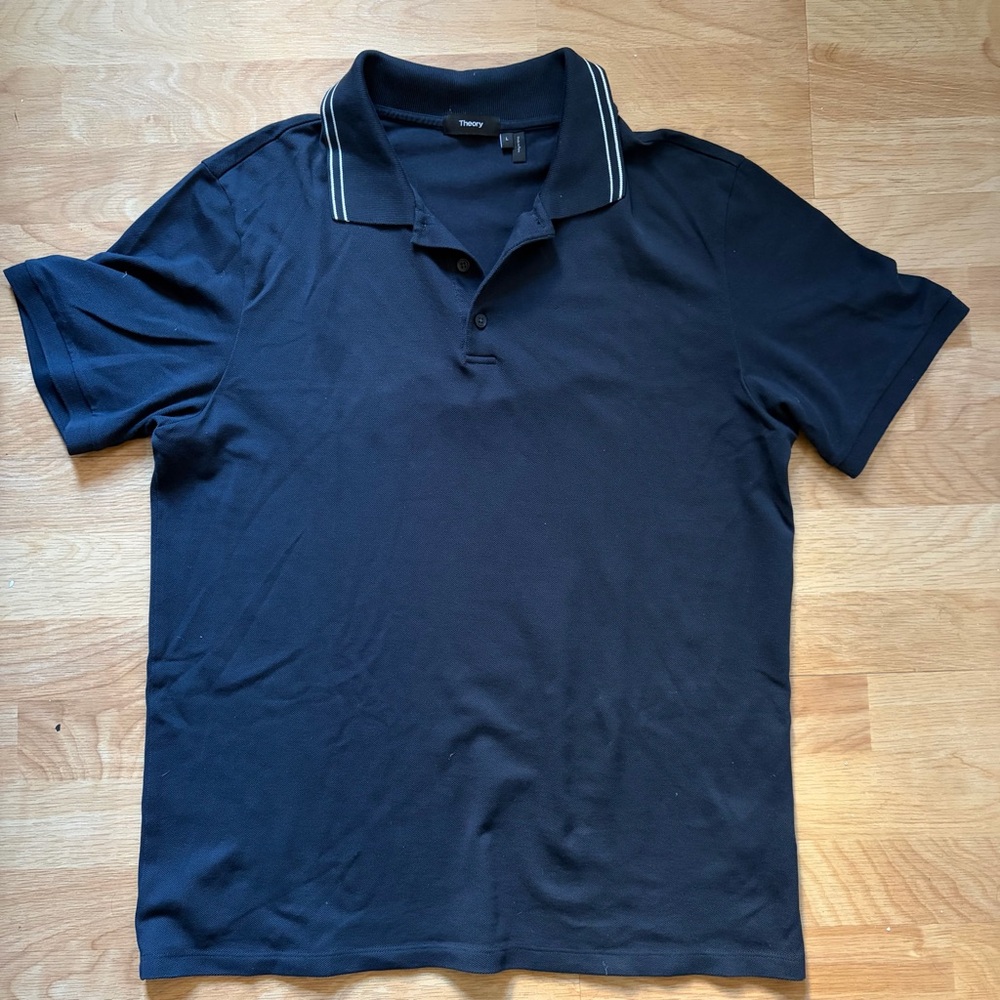 Theory Polo Shirt Mens Large Navy Pima Cotton Pique Knit Contrast Collar